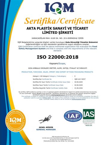 AKTA PLASTİK FR.83-4 ISO 22000-IAS Sistem Sertifikası R.05