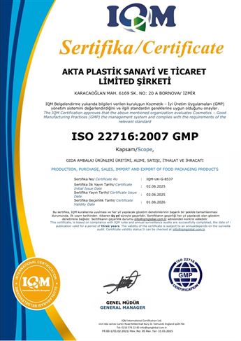 AKTA PLASTİK FR.83 ISO 227162007 GMP Sistem Sertifikası R.01